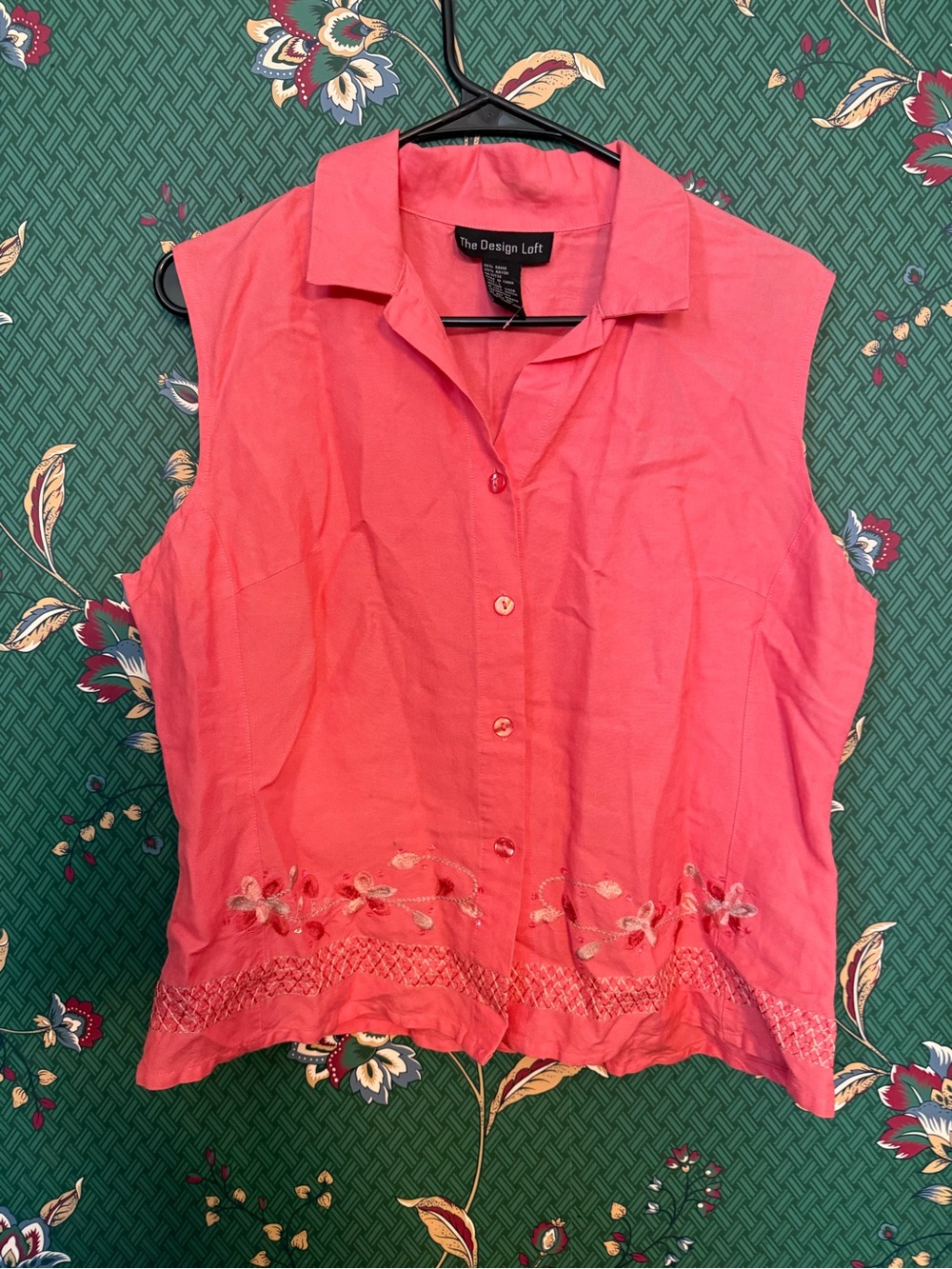 Coral Pink Sleeveless Button-Down Blouse with Embroidery